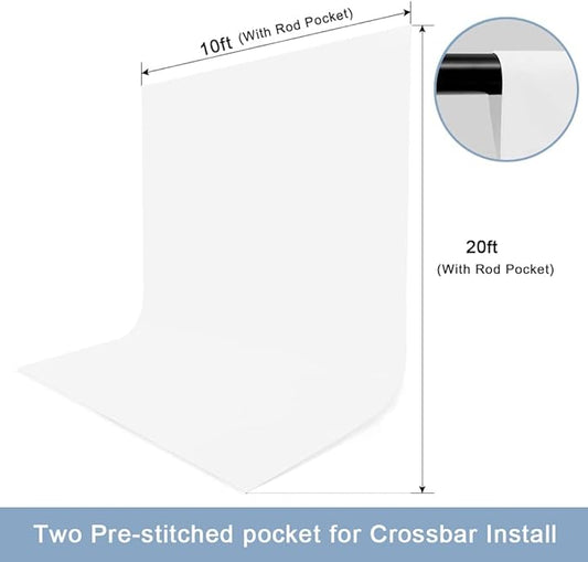10X20ft White Photo Backdrops for Photography, LCUIRC TWO ROD POCKET White Backdrops Curtain for Parties, Polyester White background with 4 Clamps for Product Protrait Photoshoot or Parties Decoration