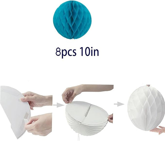 8pcs 10 inch Paper Honeycomb Balls Decorative Tissue Pom Poms Flower Art Hanging Balls for Birthday Wedding Nursery Baby Shower Home Decor (10inch, Teal)