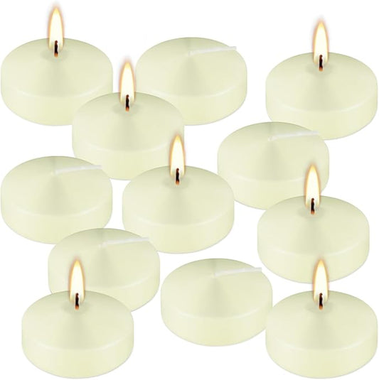 12 Pcs 2 - inch Floating Candles, Ivory, Smokeless and Unscented, Burns Continuously for 5-6 Hours, Be Good for Holidays, Weddings, Vacations, and Home Décor.