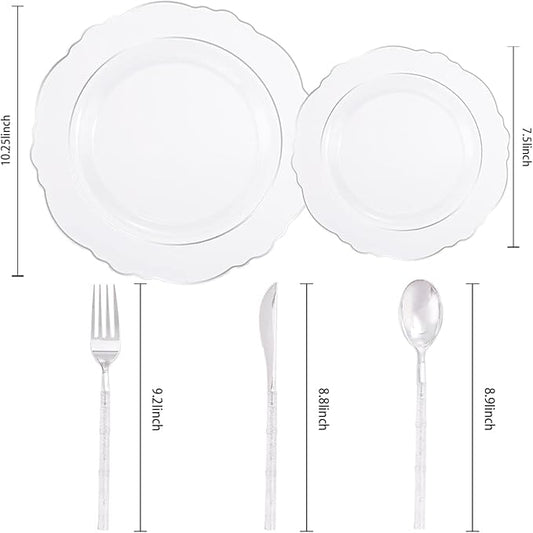 Liacere 150PCS Clear Silver Plastic Plates & Disposable Silver Plastic Silverware with Glitter Bamboo Handle Cutlery-Baroque Clear Disposable Plates for Wedding & Easter day & Mother's Day