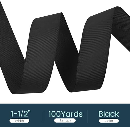 1-1/2" X 100 Yards Black Grosgrain Ribbon, Premium Grosgrain Ribbon for Sewing, Gift Wrapping, Bow Making, Wedding Decor, Wrapping and More (Black)
