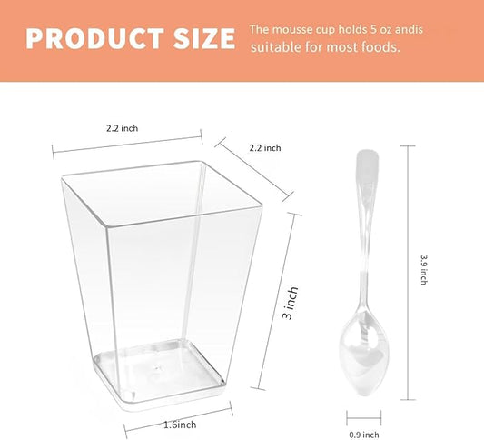 50 Pack 5 oz Clear Plastic Square Dessert Cups with Spoons,Mini Disposable Parfait Cups for Yogurt, Ice Cream and Tasting,Serving Cups for Appetizer,Pudding,Party (5 oz)