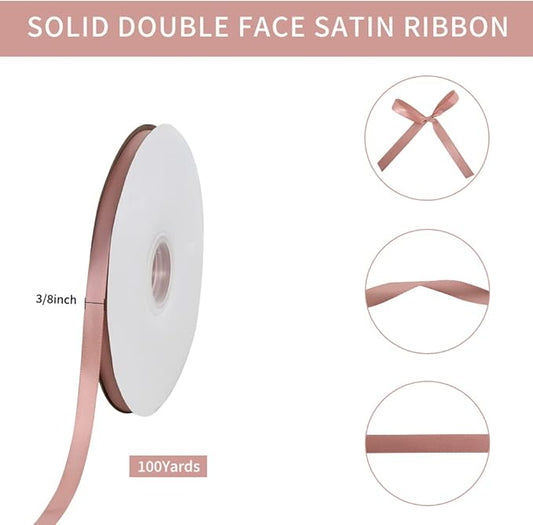 TONIFUL 3/8 in x 100yds Rose Gold Satin Ribbon Thin Solid Fabric Ribbons Roll for Gift Wrapping Invitation Floral Hair Balloons Craft Sewing Party Wedding Popsicles Decoration Valentine's Day Bouquet