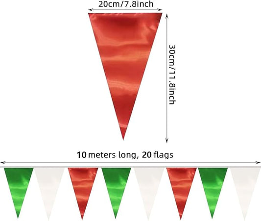 40M/130FT White Green Red Triangle Pennant Banner Flag Metallic Fabric Bunting Garland for Christmas Italy Mexican Birthday Baby Shower Wedding Banners,New Years Winter Decor Ouruola