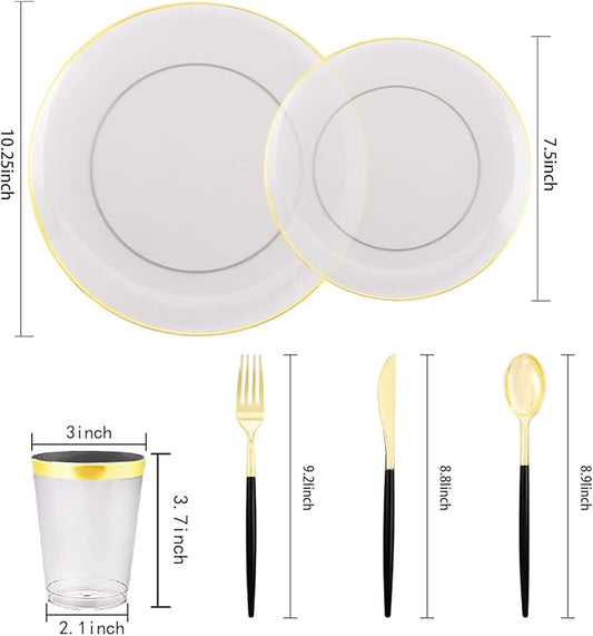 Supernal 180pcs Black Plastic Dinnerware Set Include Gold and Black Plates,Clear Disposable Plates,Gold Plastic Silverware,Clear Cups Suit for Party, Birthday