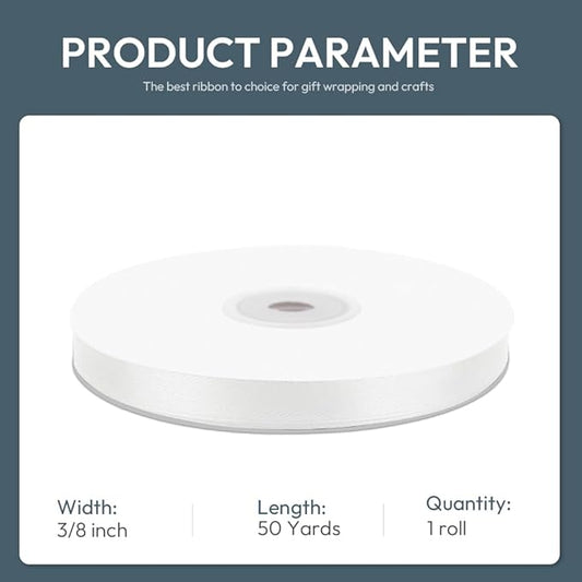 KMER LIFE 3/8" Wide x 50 Yards White Single Faced Polyester Satin Ribbon - Perfect for Wedding Decor, Wreaths, Crafts, Gift Wrapping & Other Projects