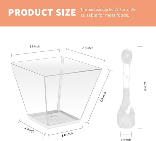 50 Pack 7 oz Clear Plastic Square Dessert Bowls with Spoons,Mini Disposable Parfait Cups for Yogurt, Ice Cream and Tasting,Serving Cups for Appetizer,Pudding,Party (7 oz)
