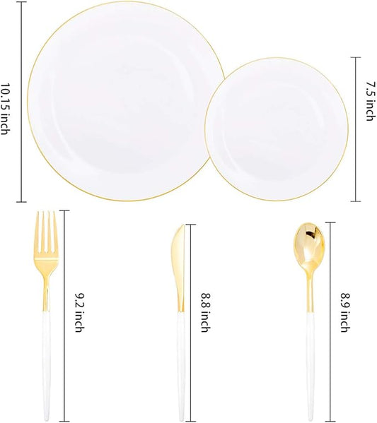 Supernal 150pcs White and Gold Plastic Plates,Gold Plastic Silverware,White Dinnerware Set Includes 60 Plates,30 Forks,30 Knives,30 Spoons For Weddings Celebrations