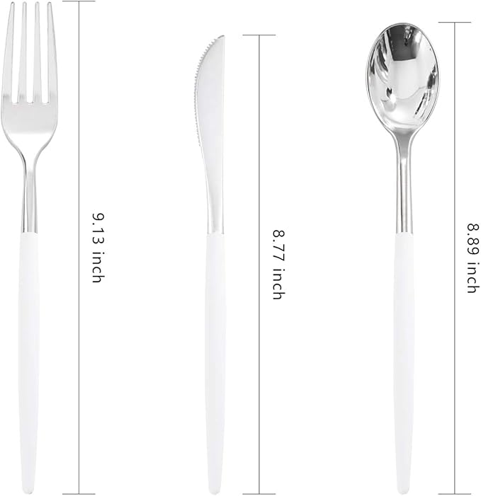 WELLIFE 144 Pack Silver Plastic Cutlery, Disposable Silver Flatware Includes: 48 Forks, 48 Knives and 48 Spoons, Suitable for Parties and Wedding for Wedding