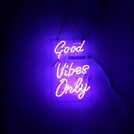 LiQi ™ GOOD VIBES ONLY Real Glass Handmade Neon Wall Signs for Home Decor Wall Light Room Decor Home Bedroom Girls Pub Hotel Beach Cocktail Recreational wedding vibes signs (14" x 8",Purple)