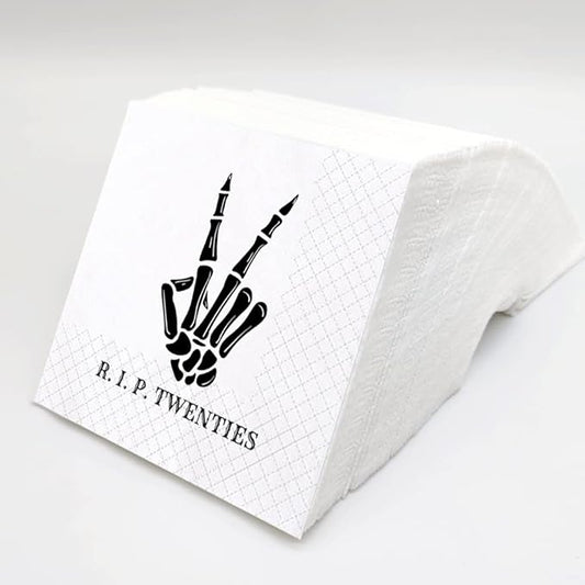 SharkBliss RIP Twenties Cocktail Napkins, 100 Pack RIP Twenties Death to My 20s Dirty 30 Birthday Paper Cocktail Beverage Napkins in Bulk for 30th Birthday | 2-Ply, 5x5" (RIP Twenties Napkins)