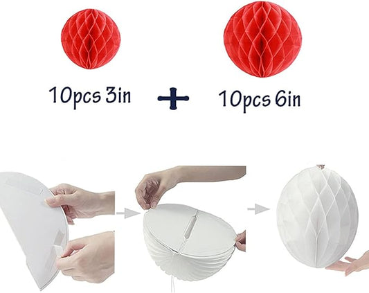 20pcs Honeycomb Flower Balls Party Honeycomb Balls Decoration Paper Flower Balls Tissue Paper Flower Ball Pom Poms Ball for Birthday Wedding Home Decor (3inch+6inch, Red)