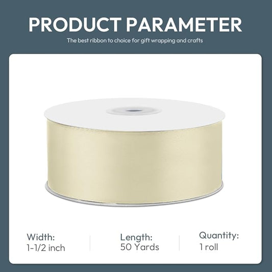 KMER LIFE 1-1/2" Wide x 50 Yards Ivory Single Faced Polyester Satin Ribbon for Wedding Decor, Wreath, Crafts, Gift Wrapping & Other Projects