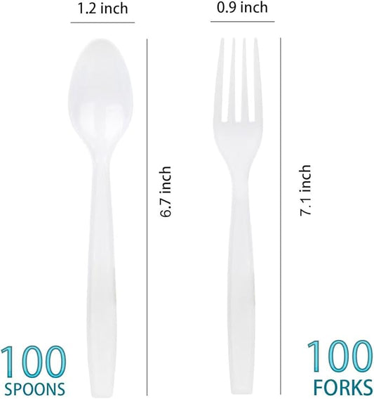 200 Count White Plastic Silverware, Heavy Weight Plastic Forks Spoons Disposable Utensils Cutlery Set for Wedding Party Supplies Everyday Use