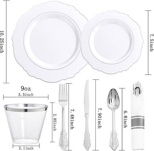 Liacere 350PCS Silver Plastic Plates-Disposable White and Silver Plates 50guest Baroque Plastic Dinnerware Set include 100Plates, 50Pack Pre Rolled Napkins with Silverware 50Cups Perfect for Chrismas