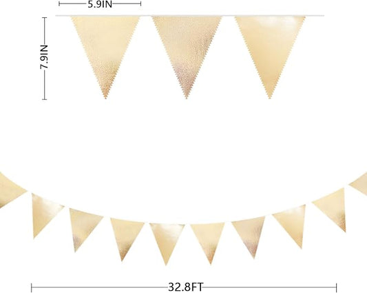 Champagne Gold Party Decoration Metallic Fabric Triangle Pennant Banner Flag Bunting Garland for Birthday Engagement Bridal Shower Wedding Anniversary Graduation Bachelorette Party Decoration Supplies