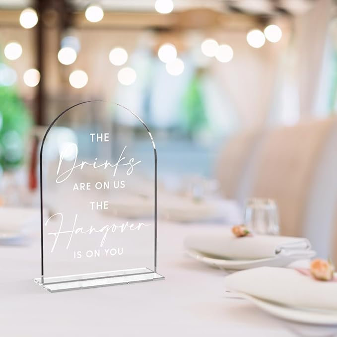 Wedding Signs,The Drinks Are on Us Sign, 5 x 7 Inch Arch Acrylic Wedding Sign, Wedding Sign for Ceremony and Reception, Please Help Yourself Sign,Wedding Reception Decor (White)