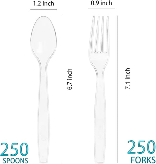 500 Count Plastic Silverware, Heavy Weight Plastic Forks Spoons Disposable Utensils Cutlery Set for Wedding Party Supplies Everyday Use