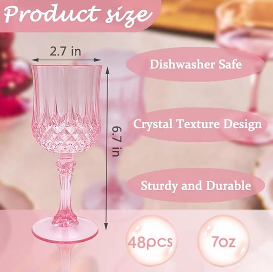 Plastic Wine Glasses,Plastic Goblets Vintage Style Cordial Drinking Glasses for Wedding Reception, Grand Event Party Supplies (48, Pink)