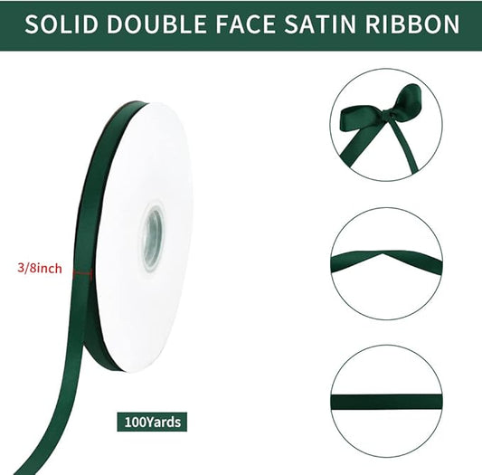 TONIFUL 3/8 Inch x 100yds Christmas Green Satin Ribbon Thin Solid Fabric Ribbons Roll for Gift Wrapping Invitation Floral Hair Balloons Craft Sewing Party Wedding Decoration Valentine's Day Bouquet