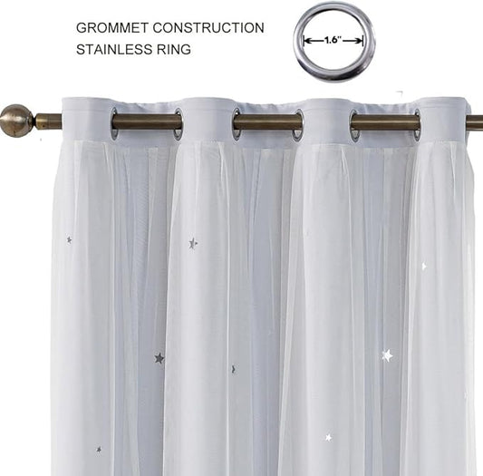Ombre Rainbow Blackout Curtains for Kid Girls Bedroom Living Room Darking Stripe Double Layer Star Cut Out Wall Home Decor Gradient Grommet Window Curtains (Greywish White 63)