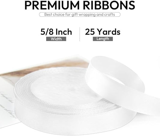 5/8 Inch 25 Yards Satin Ribbon White, Solid Color Fabric Ribbon for Gift Wrapping, Wedding, Polyester Gift Ribbon for Birthday Party Decoration, Craft, Hair, Floral, Sewing