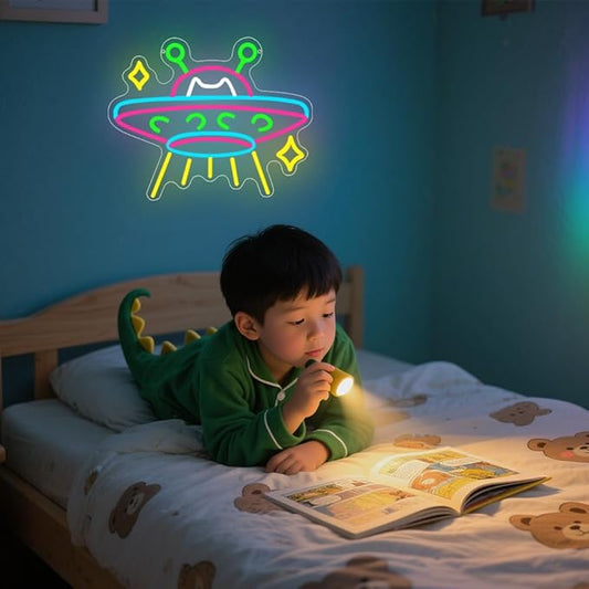 UFO Neon Sign,Cat Dimmable LED Light Signs for Wall Art Decor,Space Backdrop for Game Room Bedroom Club Party Man Cave,Gift for Boys Teen Men USB Powered(15"*12.1")