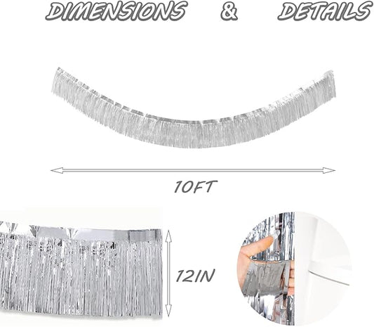 Silver Foil Fringe Garland 10FT 2packs, Metallic Foil Tinsel Fringe Banners for Parade Float Decorations Wedding, Birthday Party Graduation (Two Silver)