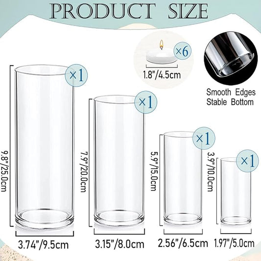 Set of 4 Pcs Glass Cylinder Vases for Centerpieces with 6 Pcs White Floating Candles for Centerpieces Glass Candle Holder for Table Shelf Wedding Party Home Decor (S+M+L+XL)