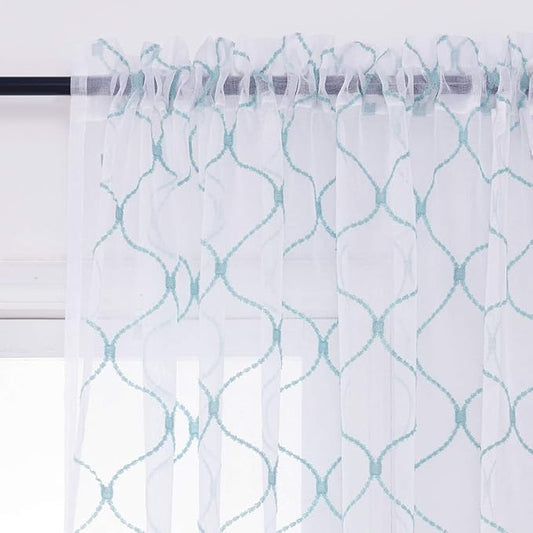 Embroidery Sheer Curtains Blue 63 Inches, Rod Pocket Voile Drapes for Living room, Bedroom, Window Treatments Wave Diamond Semi Crinkle Curtain Panels for Yard, Patio, Villa, Set of 2, 52"x 63".
