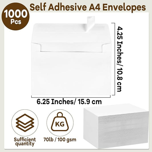 gisgfim 1000 Pcs A4 Envelopes with Self Adhesive 4.25x6.25 In White Invitation Envelopes for 4x6 Cards Printable Mailing Mailers Bulk for Wedding Baby Shower Postcard Photo Thank Notes Greeting Card