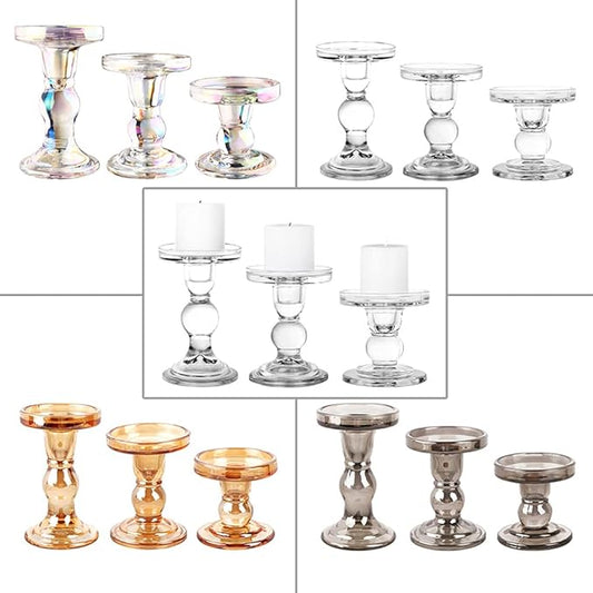 3-Piece Set of Glass Candlestick, Crystal Candlestick Holder Holder and Conical Candle, Christmas Candle Holder Decoration, Family Living Room Wedding Candle Holder (7 Colour)