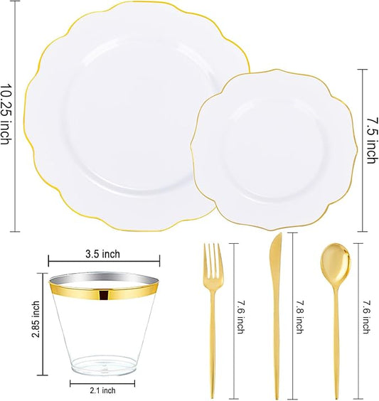 bUCLA 180PCS White and Gold Plastic Plates Disposable - White with Gold Rim Dinnerware Set Include 30 Guests Dinner & Dessert Plates, Cups, Cutlery Set for Wedding, Party & Thanksgiving Table Decor