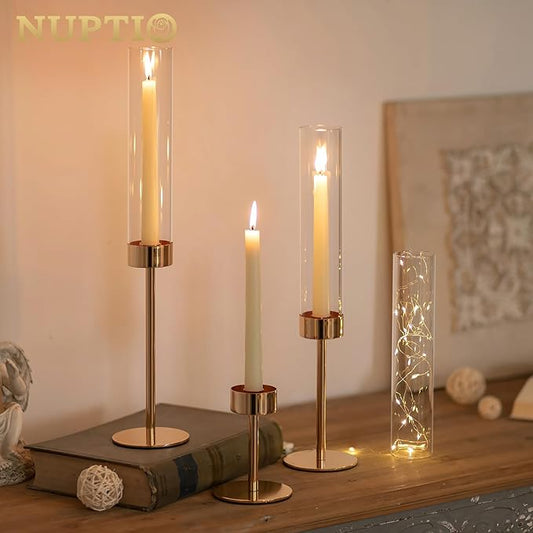 NUPTIO Hurricane Candlestick Holders for Centerpiece: Gold Taper Candles Stick Holders with Clear Glass Chimney - Tall Candleholder Set of 3 for Birthday Party Outdoor Decor