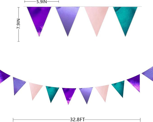 Mermaid Party Decorations Purple Pink and Teal Aqua Metallic Fabric Triangle Pennant Banner Flag Bunting Garland for Mermaid Under the Sea Birthday Wedding Baby Shower Engagement Party Supplies