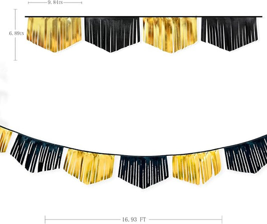 Black and Gold Tassel Banner Double Sided Metallic Fabric Pennant Bunting Flag Garland for Graduation Anniversary Bachelorette Birthday Engagement Wedding Bridal Shower Hen Party Decorations Supplies