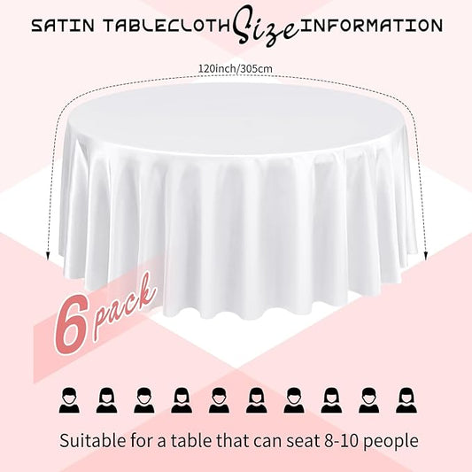6 Packs Satin Tablecloth 120 Inch White Round Table Cloth Silk Tablecloth Smooth Fabric Overlay Satin Table Cover Decoration for Wedding Party Banquet Events