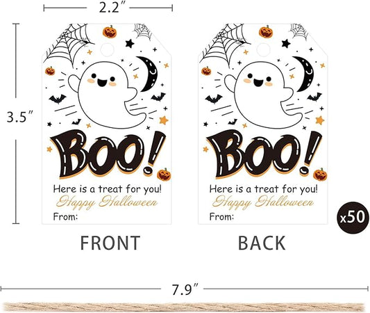 Aukolass 50Pcs Boo Gift Tags, Halloween Treat Tag for Spooky Ghost Party Favor and Gift Wrapping Decoration (Boo)