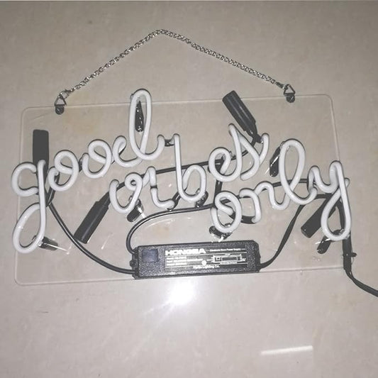 LiQi ™ ' GOOD VIBES ONLY' Real Glass Handmade Neon Wall Signs for Room Decor Home Bedroom Girls Pub Hotel Beach Cocktail Recreational Game Room (14" x 8",RED)