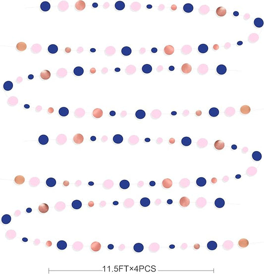 46Ft Navy Blue Blush Circle Dot Garland Royal Blue Pink Rose Gold Hanging Paper Polka Dot Streamer for Gender Reveal Baby Shower Birthday Engagement Wedding Bridal Shower Anniversary Party Decorations