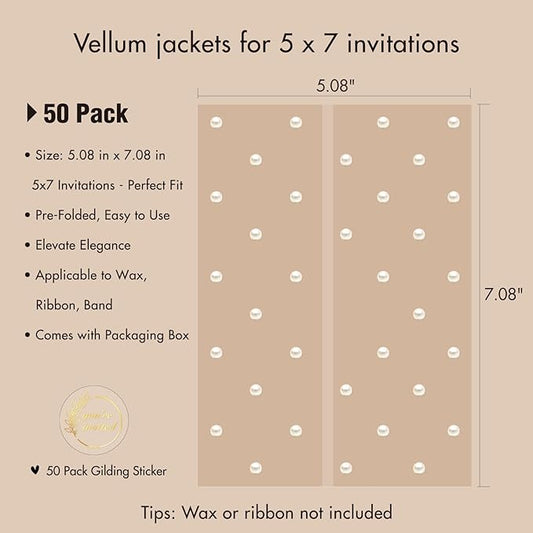 50 Pack Pre-Folded Vellum Jackets For 5x7 Invitations,AZAZA Translucent Invitation Sleeves,115GSM Vellum Jackets 5x7, Wedding Invitation Accessories, For Weddings Birthdays Baby Showers,Elegant Pearl