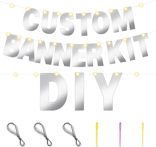 TaoBary 112 Pcs DIY Letter Kit Glitter Customizable Banner Letters Include 107 Letters and Numbers 3 Rope and 2 Needles for Birthday Halloween Christmas Wedding Valentine Party Decor(Glossy Silver)