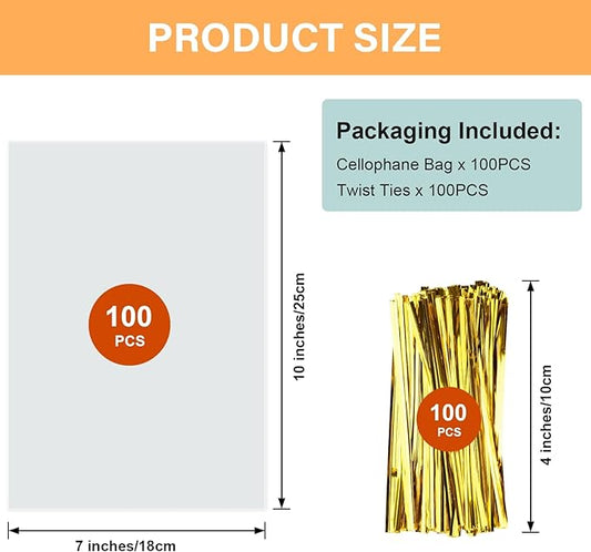 ZHEWTOEN 100 Pcs 7x10 Inch Clear Cellophane Bags with Color Twist Ties, Plastic Goodie Cello Treat Bags for Candy, Cookies, Popcorn, Small Gift Wrapping, Party Favors, Bakery Packaging