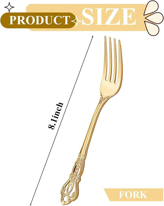 75PCS Gold Plastic Forks - 8.1inch Gold Forks Disposable - Vintage Heavy Duty Dessert Forks - Premium Fancy Plastic Silverware for Parties, Weddings, Dinners and Events