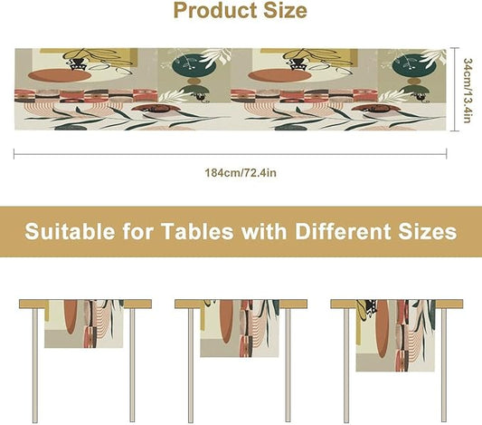 Mid Century Table Runner,Abstract Boho Plant Leaf Botanical Cat Modern Geometric Pattern Print Burlap for Hotel Indoors Outdoor Dining Room Kitchen Home Decor, 13x60in