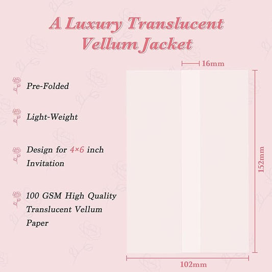 30 Pack Pre-Folded Vellum Jackets for 4x6 Invitations, Translucent Vellum Paper 4x6 Jackets, 100GSM Wedding Invitations Wraps, Envelope Liners for Birthdays, Baby Showers