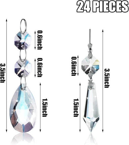 24 Pcs Chandelier Crystal Replacement 38 mm Teardrop & Icicle Crystal Prisms Hanging Gems Parts for Lamps and Chandeliers Suncatcher Christmas Tree Windows Home Decor (Clear)
