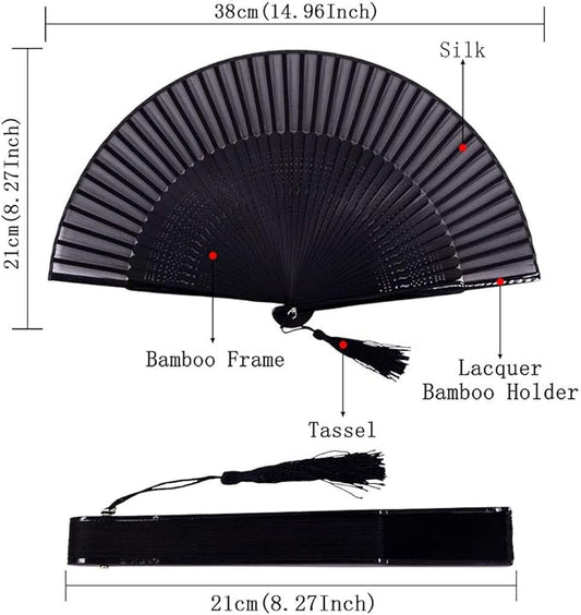 Amajiji 8.27"(21cm) Hand Held Bamboo Silk Folding Fan Hand Fan,Chinese/Japanese Charming Elegant Vintage Retro Style,Women Ladys Girls Best Gifts (Black-2)
