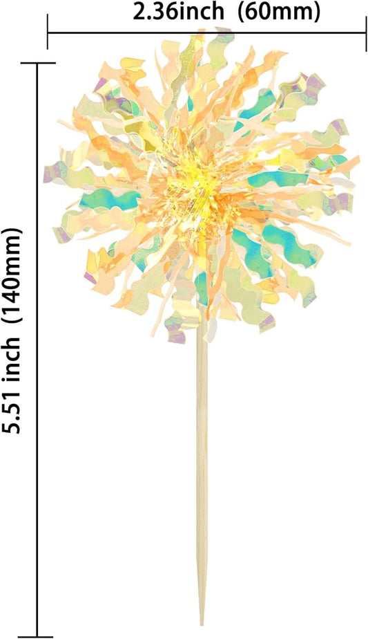 Ephlyn 30Pcs Foil Firework Cupcake Toppers Sparkle Tinsel Drink Birthday Cake Decorations Cocktail Food Fruit Toothpick for New Years Wedding Birthday Party Decorations Yellow