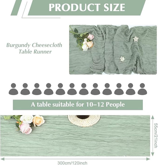 Sage Green Cheesecloth Table Runner -21*120Inch Long Boho Wedding Table Decor, Rustic Gauze Fabric Runner for Bridal Showers, Baby Showers & Parties (Sheer, Lightweight, Wrinkled Design)